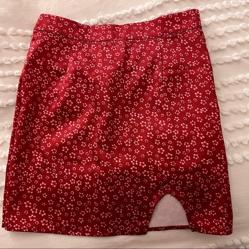 red and white floral skirt